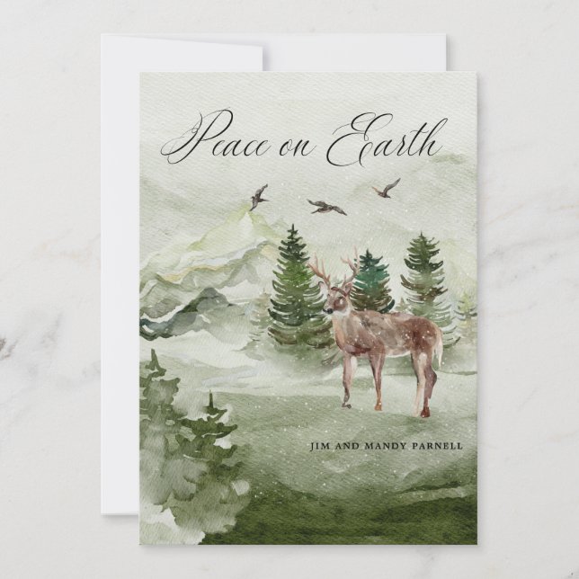 Pine Forest Deer Peace sur Terre Carte de Noël (Devant)