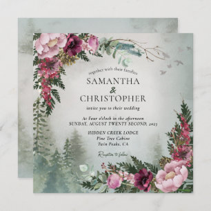 Pine Forest Dusty Rose Watercolor Wedding Invitation