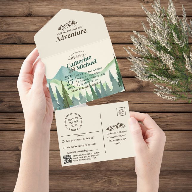 Pine Forest Mountain Adventure QR Code Wedding All In One Invitation (Creator Uploaded)