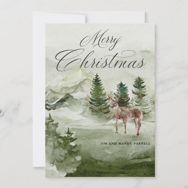 Pine Forest Snow Deer Merry Christmas Card (Front)