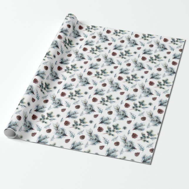 Pine Fur Watercolor Christmas Holiday Gift Wrapping Paper (Unrolled)