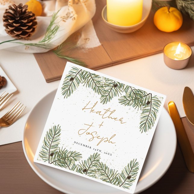 Pine & Gold Christmas Foliage Festive Wedding Napkin (Creator Uploaded)