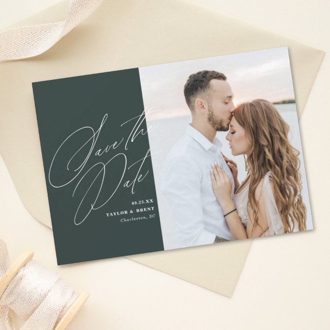 Pine Green Calligraphy Script Photo Save the Date (Creator Uploaded)