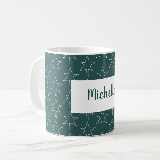 Pine Green Christmas Stars Pattern Monogrammed Coffee Mug (Front Left)