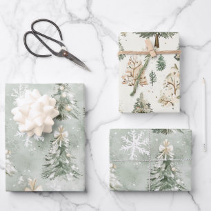 Pine Green Cream Christmas Trees Snowflakes Wrapping Paper Sheet