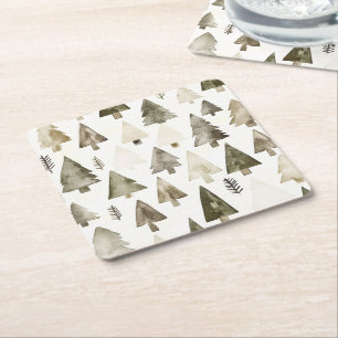 Pine Green Cream Christmas Trees Square Paper Coaster