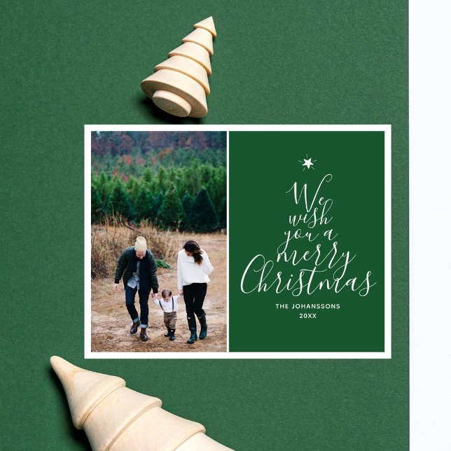 Pine Green Elegant Script Christmas Tree Photo  Holiday Postcard (Creator Uploaded)