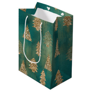 Pine Green Gold Glitter Glam Christmas Trees Medium Gift Bag