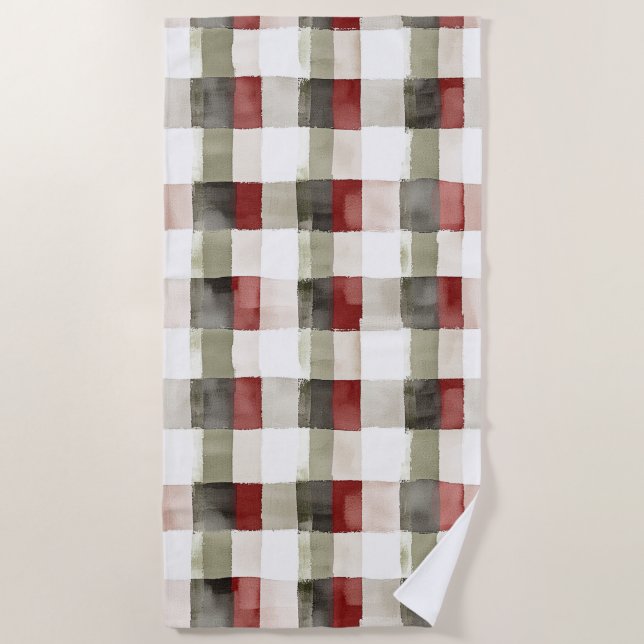 Pine Green Ivory Red Stripes Christmas Beach Towel (Front)