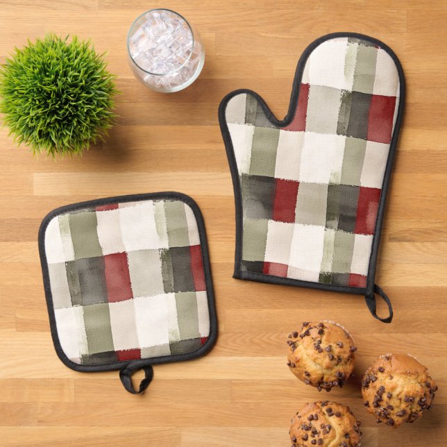 Pine Green Ivory Red Stripes  Oven Mitt & Pot Holder Set (Top Down)