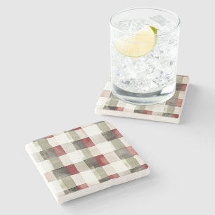 Pine Green Ivory Red Stripes Stone Coaster