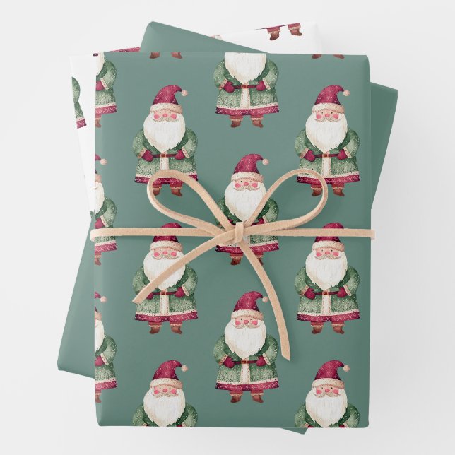 Pine Green Red Merry Christmas Santa Wrapping Paper Sheet (In situ)