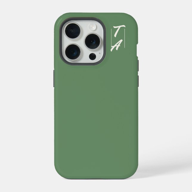 Pine Green Solid Colour White Initials iPhone Case (Back)
