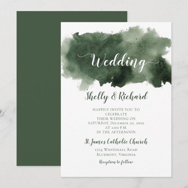 Pine Green Watercolor Wash Winter Wedding Invitation (Front/Back)