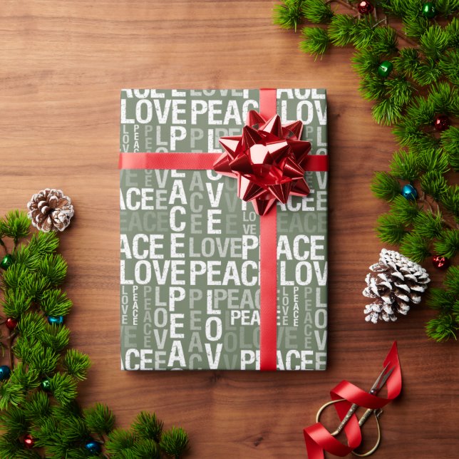 Pine Green White Peace Love      Wrapping Paper (Holiday Gift)
