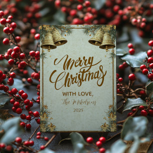 Pine Greenery Gold Bells Holiday Card