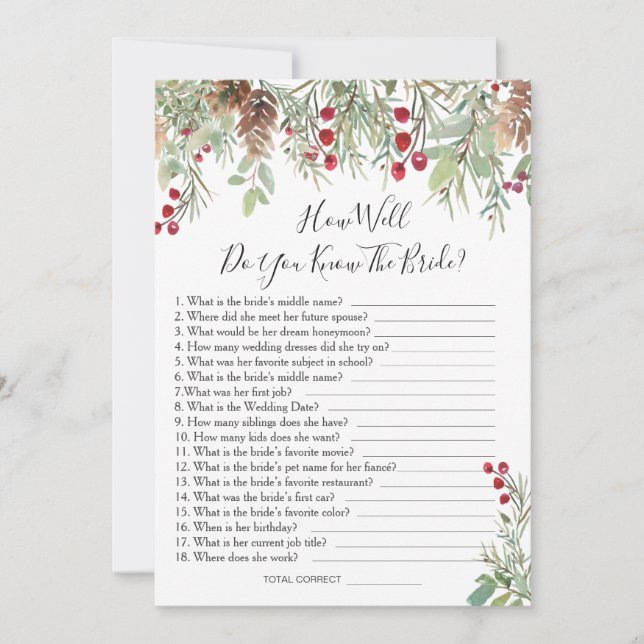 Pine Greenery How Well Do You Know the Bride Game Invitation (Front)