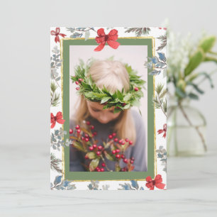 Pine Greenery Watercolor Photo Gold Frame Holiday Card