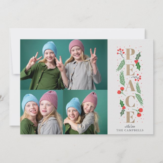 Pine Holly Berries Gold Peace Multiple Photo Holiday Card (Front)