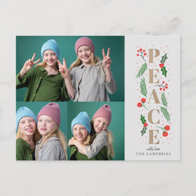 Pine Holly Berries Gold Peace Multiple Photo Holiday Postcard (Front)