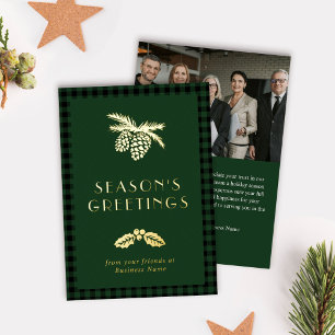 Pine Holly Green Buffalo Check Season's Greetings Foil Holiday Card