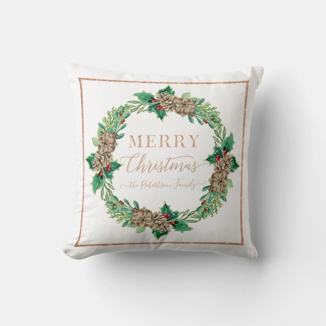 Pine Holly Wreath Rose Gold Script Merry Christmas Throw Pillow (Front)