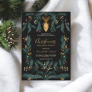 Pine illustration green gold corporate Christmas Invitation