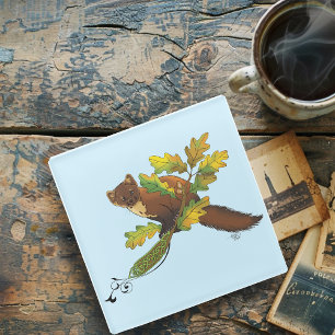 Pine Marten Autumn Leaves Glass Coaster
