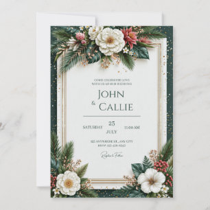 Pine Needle Gilded Tropical Greenery Wedding Invitation