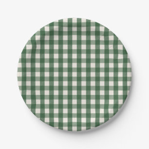 Pine Needle Lane - Pine Green Gingham Pattern Paper Plate