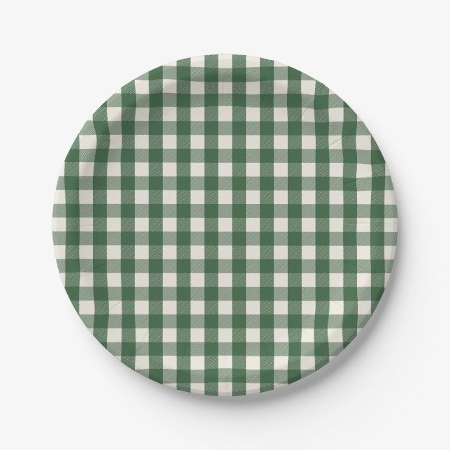 Pine Needle Lane - Pine Green Gingham Pattern Paper Plate (Front)