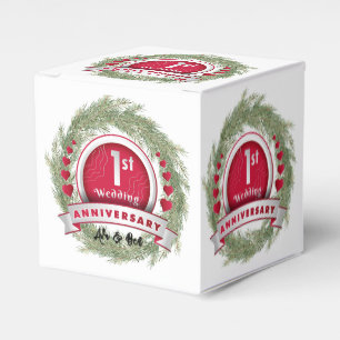 Pine Needle Wreath Red 1st Wedding Anniversary Favor Box