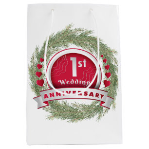 Pine Needle Wreath Red 1st Wedding Anniversary Medium Gift Bag
