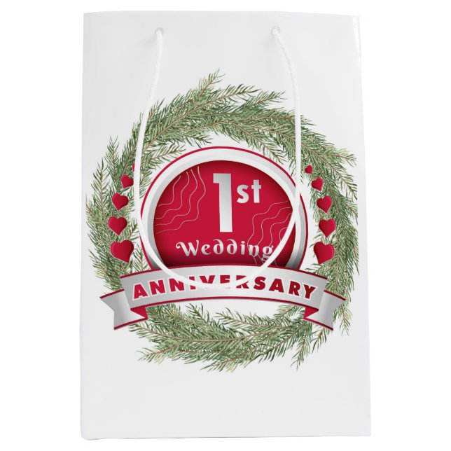 Pine Needle Wreath Red 1st Wedding Anniversary  Medium Gift Bag (Front)