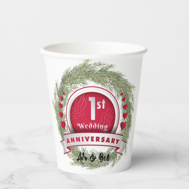 Pine Needle Wreath Red 1st Wedding Anniversary  Paper Cups (Front)
