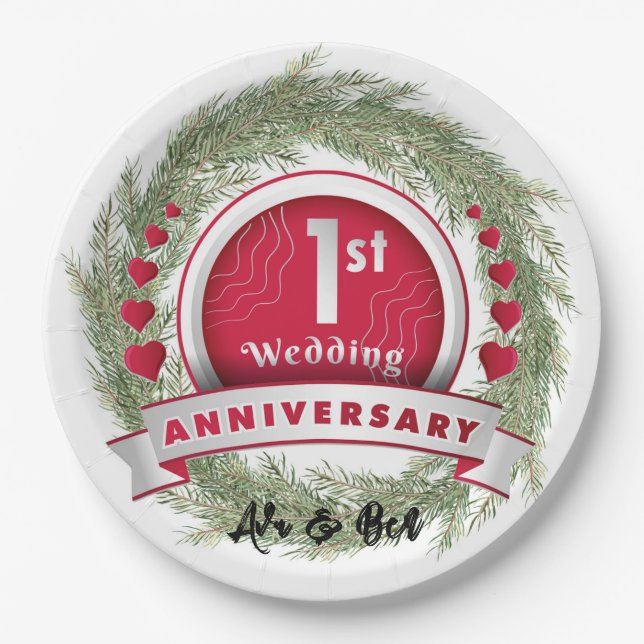 Pine Needle Wreath Red 1st Wedding Anniversary  Paper Plate (Front)