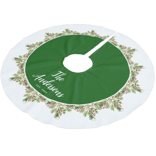 Pine Needles and Berries Family Christmas Brushed Polyester Tree Skirt (Angled)