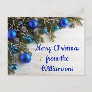 Pine Needles, Cones and Blue Ornaments Christmas Postcard