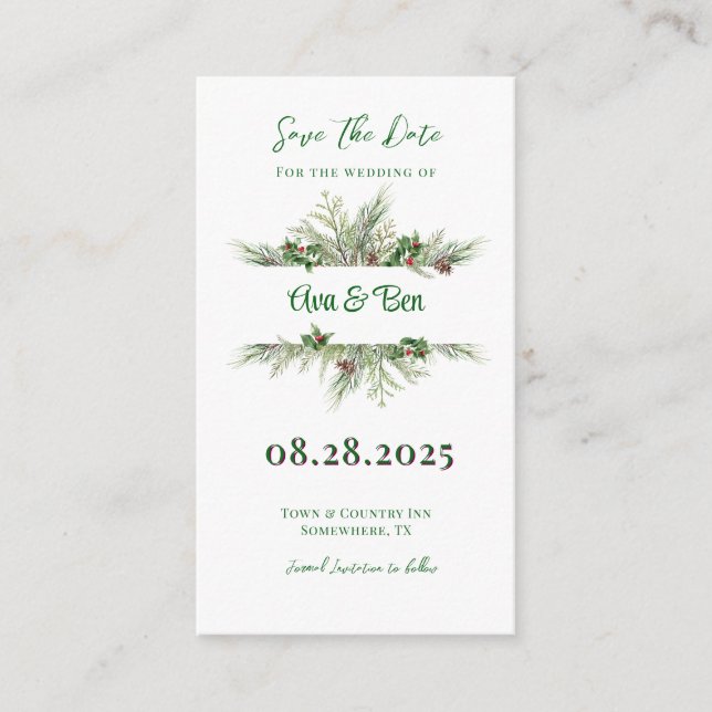 Pine Needles Red Berry Christmas Save The Date  Enclosure Card (Front)