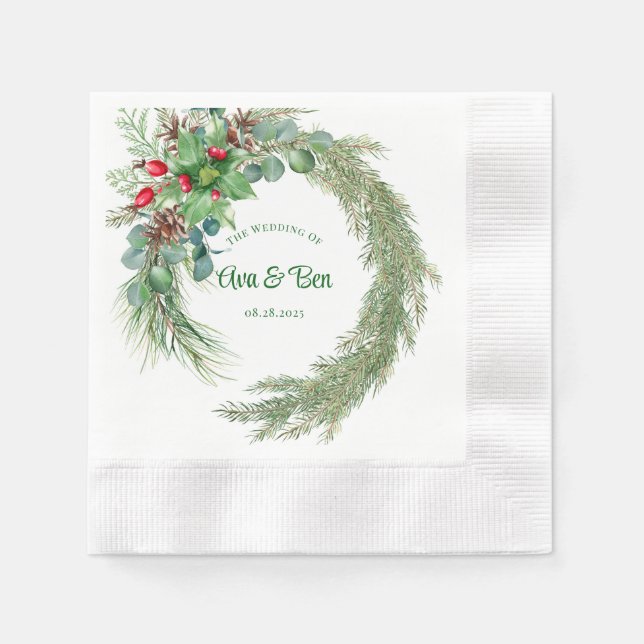 Pine needles red berry wreath wedding napkin (Front)