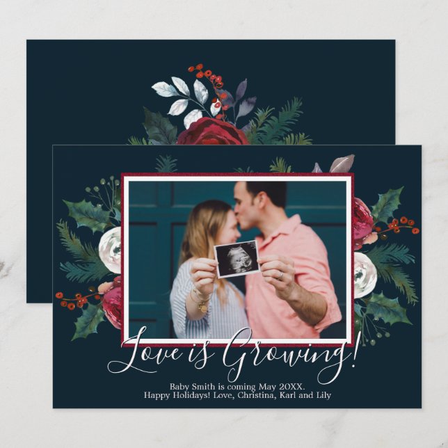 Pine Photo Christmas Pregnancy Announcement Cards (Front/Back)