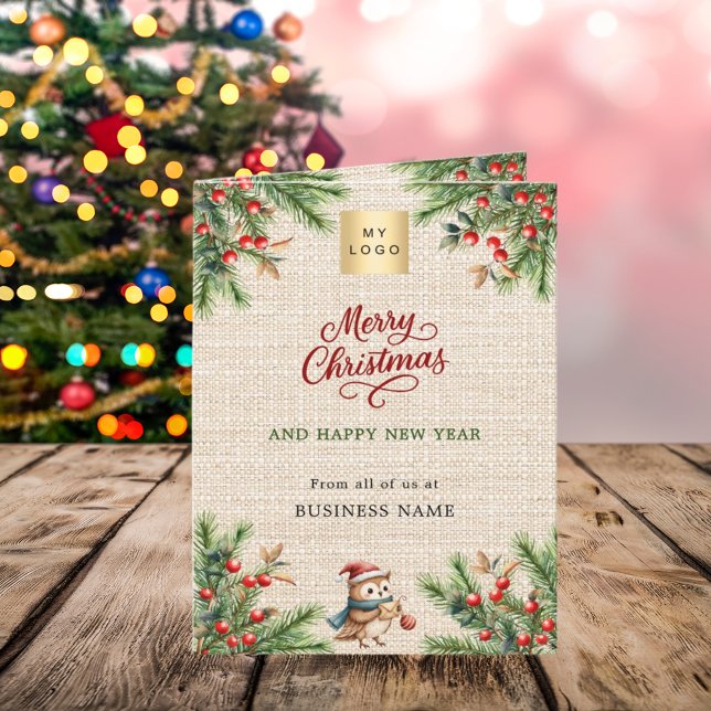 Pine red berries burlap photo business Christmas Holiday Card (Creator Uploaded)