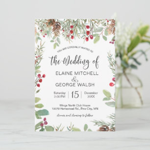 Pine Red Berry Winter Greenery Wedding Invitation
