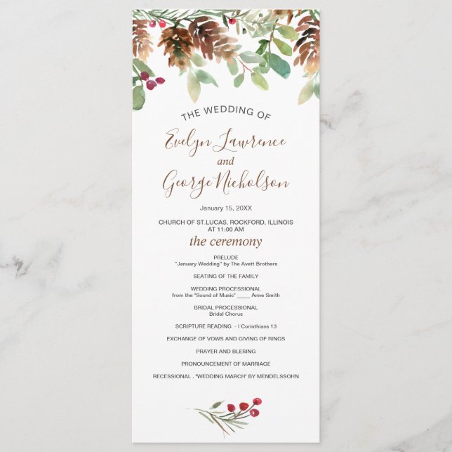 Pine Red Berry Winter Greenery Wedding Program (Front)