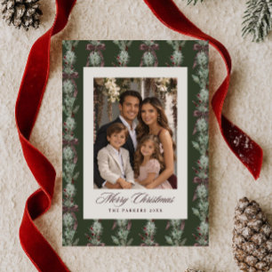 Pine Sprig Bow Pattern Family Photo Holiday Card