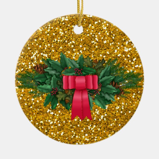 Pine Swag | Red Bow | Faux Gold Glitter Holiday Ceramic Ornament (Front)