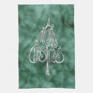 Pine Teal Green Silver Christmas Tree Kitchen Towel