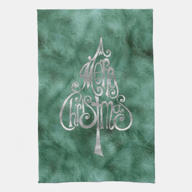 Pine Teal Green Silver Christmas Tree Kitchen Towel (Vertical)