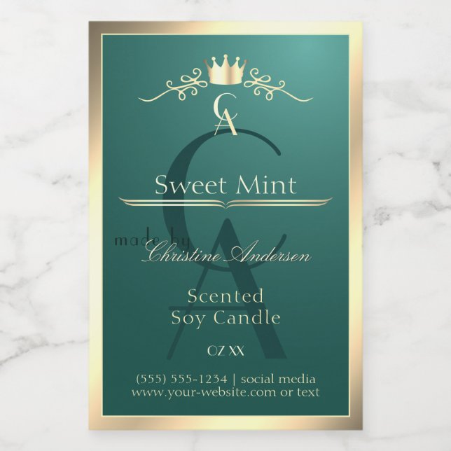 Pine Teal Product Label with Gold Frame Monogram (Single Label)
