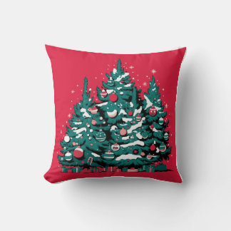 Pine tree and christmas ornaments red background throw pillow